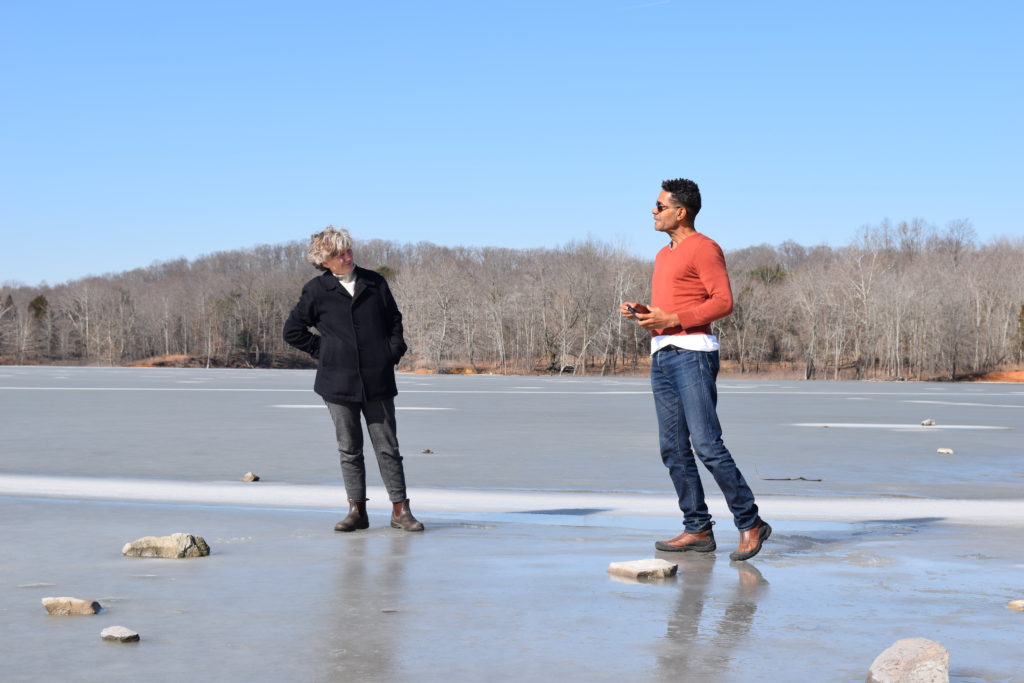 Photo by : Jennifer Monson and Javier Cardona in a residency for Choreographies of Disaster, Lake Monroe, IN, February 2019