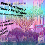 background screenshot of short work by ocean williams: blue- and pink-tinted filter on background of NYC skyline, including the tops of two cars, trees, a highway overpass, and taller buildings. In black sans-serif font, “PPP: Partitura / Particular / Participar: peculiar departure practice” and “Sept 18 at 5pm EST on zoom / @ WeisAcres / FREE RSVP / link in bio” slanted overlaid atop text