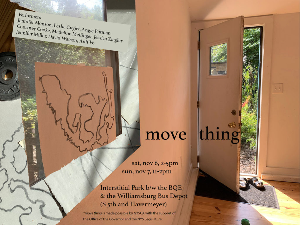 A door is partially open, letting sunlight in and giving the viewer a peek into a garden. On the left of the door is a large window with an abstract drawing pasted on top and similiar digital drawing patterns overlaid around the window frame. In between the door and the window are informational texts about "move thing" showing on Nov 6-7 in Williamsburg, NY.