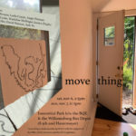 A door is partially open, letting sunlight in and giving the viewer a peek into a garden. On the left of the door is a large window with an abstract drawing pasted on top and similiar digital drawing patterns overlaid around the window frame. In between the door and the window are informational texts about "move thing" showing on Nov 6-7 in Williamsburg, NY.