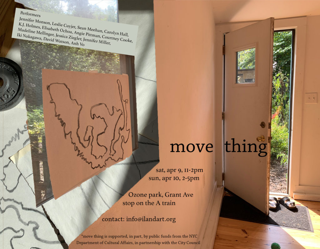 poster of move thing with contextual information pasting over a room with the door opening to a garden.