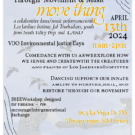 A flyer containing information for the event, whose title reads "Rooting & Nurturing through Movement and Music: move thing." In the background is faded graphics depicting birds flying and two people dancing.
